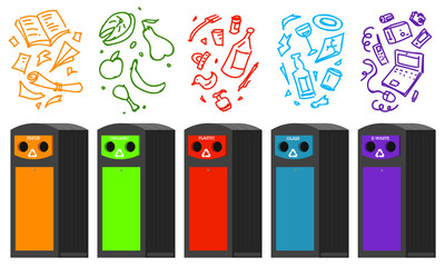 Recycling garbage elements. Bag or containers or cans for different trashes. Sorting and Utilize food waste. Ecology symbol. Segregation Separation and Industry management concept. disposal refuse bin