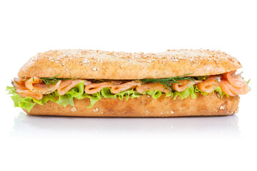 Sub sandwich whole grains baguette with smoked salmon fish lateral isolated on white