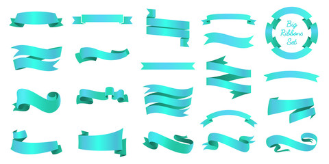 Ribbons banners, Illustration set and tape isolated on white background. turquoise vintage details for wedding card and lettering. Decor for holiday.