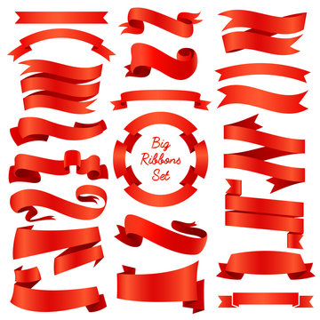 Ribbons banners, Illustration set and tape isolated on white background. red vintage details for wedding card and lettering. Decor for holiday.