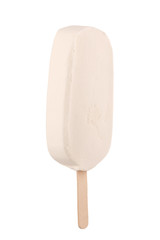 White milk ice cream on wooden stick isolated on white background. Photographed close-up.