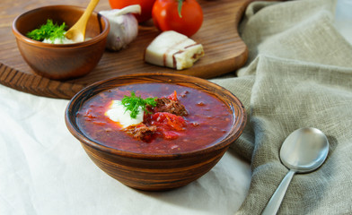 soup russian, borsch with beef and sour cream