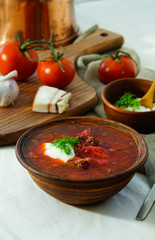 soup russian, borsch with beef and sour cream