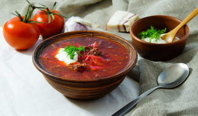 soup russian, borsch with beef and sour cream
