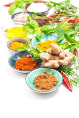 Herbs spices Curry turmeric ginger salt nutmeg powder