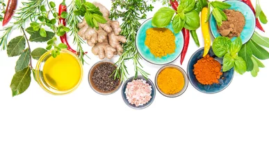 Crédence de cuisine en verre imprimé Herbes Herbes épices Curry curcuma gingembre romarin Aliments biologiques sains