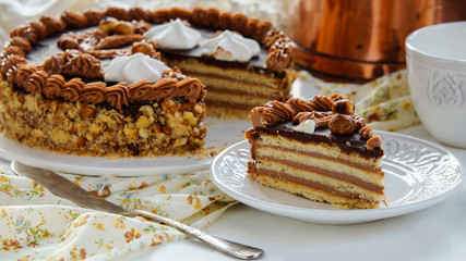 cake made of Shortcrust pastry layers and chocolate  butter cream, soviet cake Leningradskiy