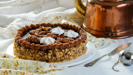 cake made of Shortcrust pastry layers and chocolate  butter cream, soviet cake Leningradskiy