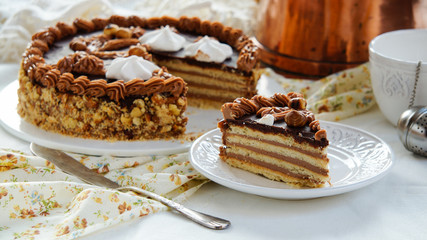 cake made of Shortcrust pastry layers and chocolate  butter cream, soviet cake Leningradskiy