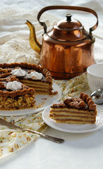 cake made of Shortcrust pastry layers and chocolate  butter cream, soviet cake Leningradskiy