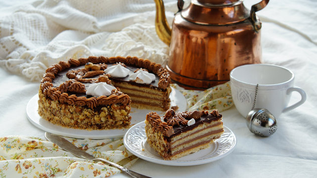 cake made of Shortcrust pastry layers and chocolate  butter cream, soviet cake Leningradskiy