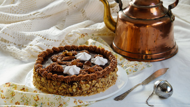 cake made of Shortcrust pastry layers and chocolate  butter cream, soviet cake Leningradskiy