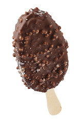 Ice cream in chocolate glaze with nuts on a wooden stick. Sweet dessert for the summer is photographed close-up. Isolated on white background.