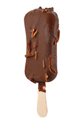 Ice cream in chocolate glaze with nuts on a wooden stick. Sweet dessert for the summer is photographed close-up. Isolated on white background.