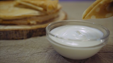  Pancake in sour cream. Damn dipped in sour cream.  Sour cream and pancakes.