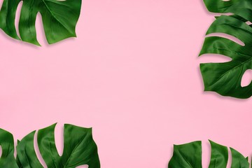 Tropical palm leaves on a light pink background. Frame. Minimal nature. Flat lay. Top view.