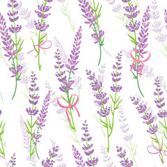Naklejki  Bukiety kwiatów lawendy fioletowy wektor wzór. Piękne fioletowe lawendowe tło retro. Elegancka tkanina na jasnym tle Konstrukcja wzoru powierzchni.
