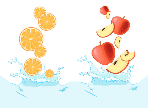 Fall in water - set with orange and red apple