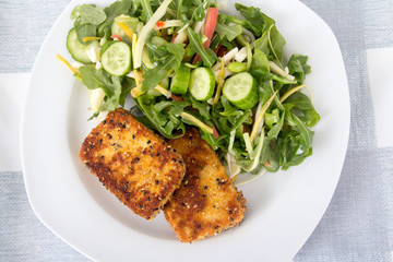 deep fried tofu slices with salad