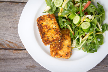 deep fried tofu slices with salad