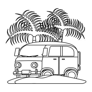 surf van on the beach with palms over white background, vector illustration