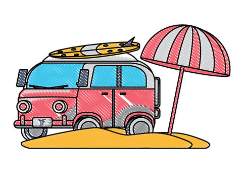 surf van and parasol on the beach over white background, colorful design. vector illustration