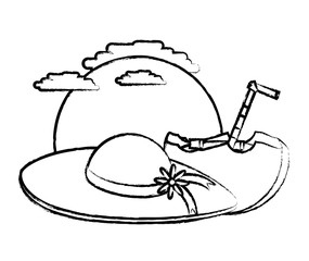 sketch of beach hat and coconut drink  icon over white background, vector illustration