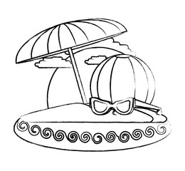 sketch of beach with parasol and pool parasol icon over white background, vector illustration