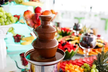 Foto auf Glas Chocolate Fountain And Fruits For Dessert At Wedding Table © Alvin Harambašić
