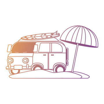 surf van and parasol on the beach over white background, colorful design. vector illustration
