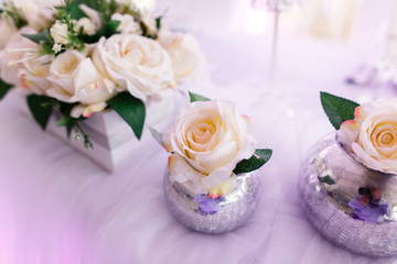 Obraz na płótnie Canvas Table Setting At Luxury Wedding Reception Beautiful Flowers On The Table