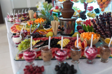 Chocolate Fountain Ice Cream And Fruits For Dessert At Wedding Table