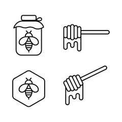 honey can, honey dipper and bee icons on white background