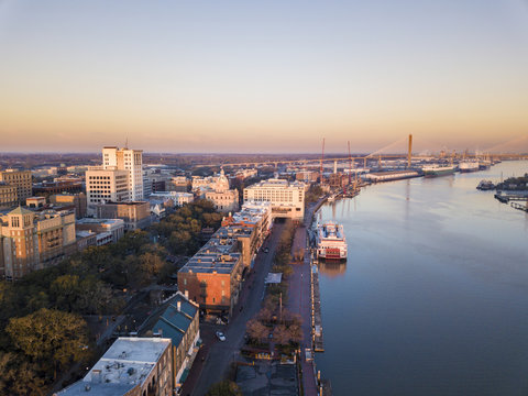Aerial view of downtown Savannah, USA, and River Street.