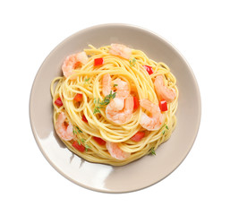 Plate with spaghetti and shrimps on white background, top view
