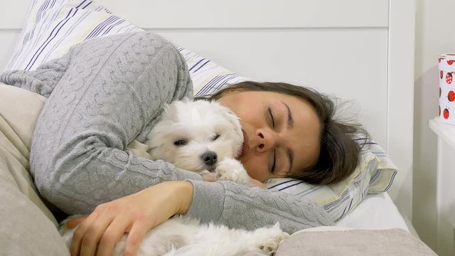 Woman sleeping in the morning hugging little puppy dog in bed closeup