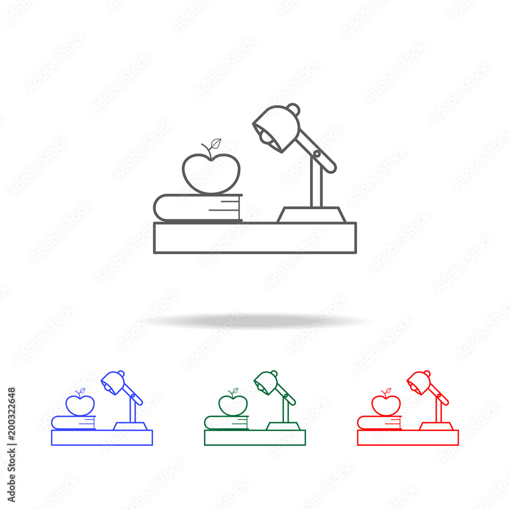 Fototapete lamp book apple on the table, workplace icon. elements of education multi colored icons. premium qua