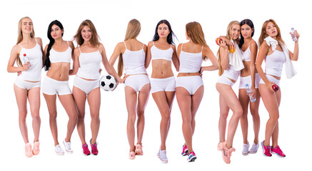 Fototapeta premium Fitness women. Three young beautiful girlfriends in white sportswear