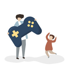 Father and son with a gaming control