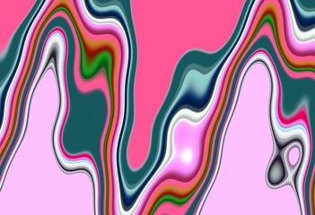 Plastic like shapes in fluid movement, abstract colorful background in pink, green and blue colors