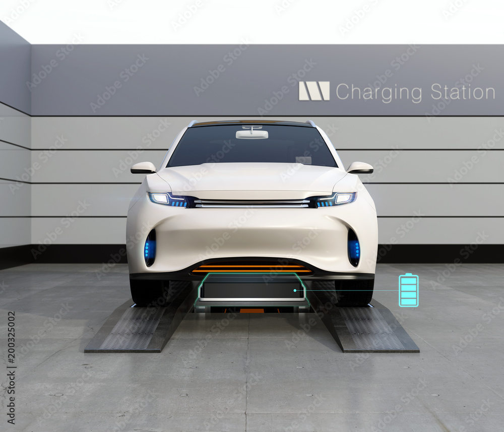 Aufkleber front view of electric suv car exchange low battery in battery swapping station. fast battery exchan