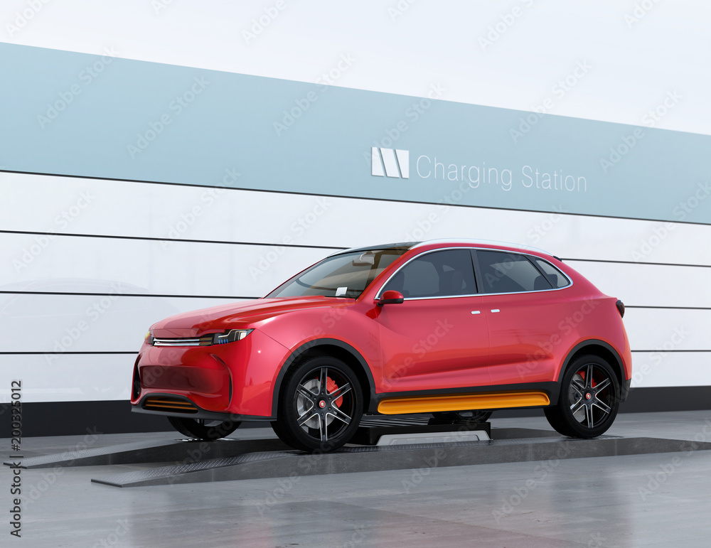 Poster electric suv car exchange battery in battery swapping station. fast battery exchange solution. 3d re