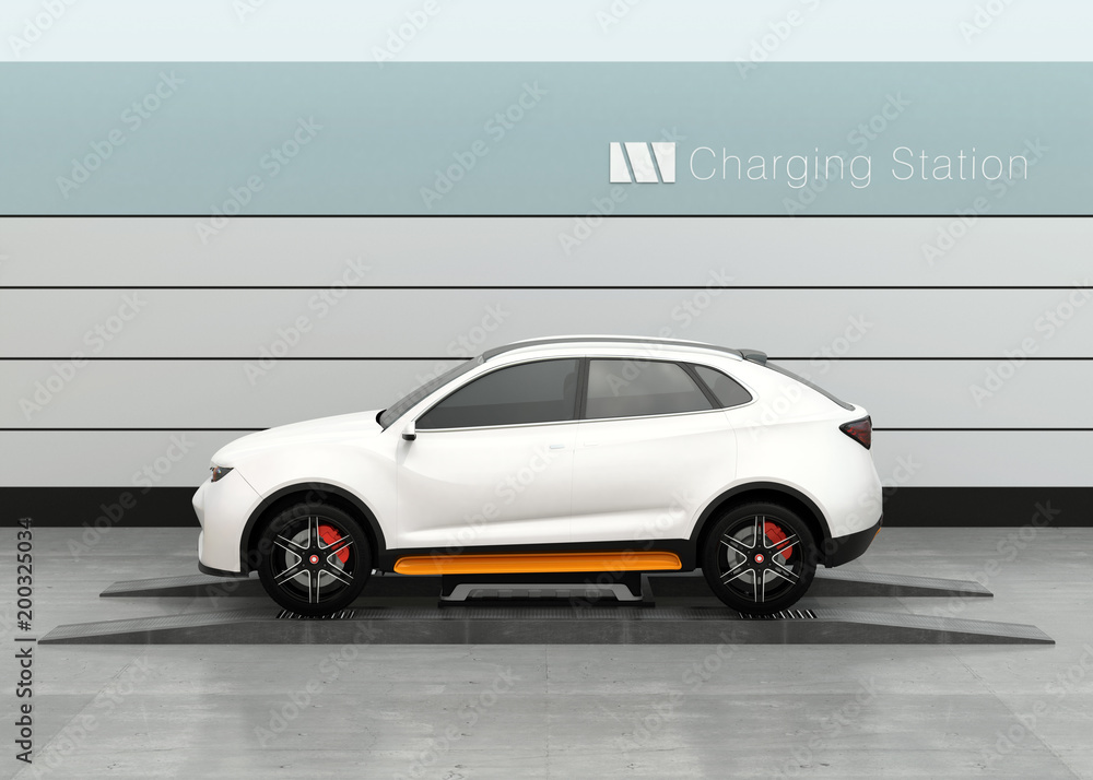 Poster electric suv car exchange battery in battery swapping station. fast battery exchange solution. 3d re
