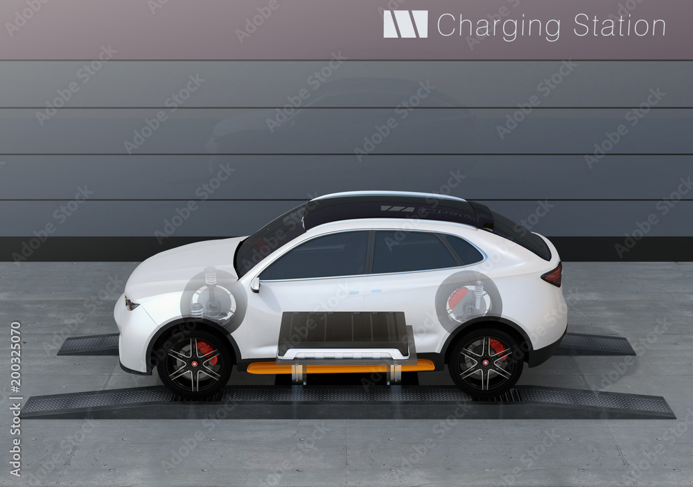 Poster skeleton view of electric suv car exchange battery in battery swapping station. fast battery exchang