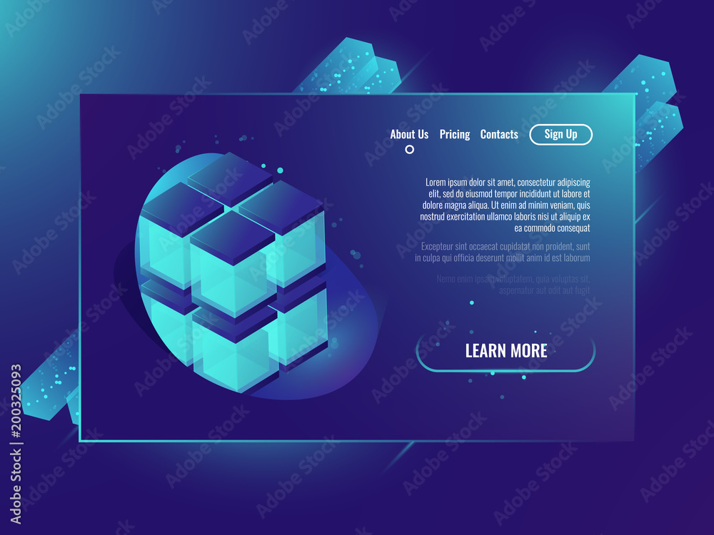 Poster neone isometric cube, server services page concept, database, futuristic data center isometric neon 