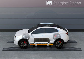 Skeleton view of electric SUV car exchange battery in battery swapping station. Fast battery exchange solution.  3D rendering image.
