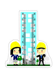 Kids height chart with high tower and engineer,ecosystem ,Cartoon Vector illustration