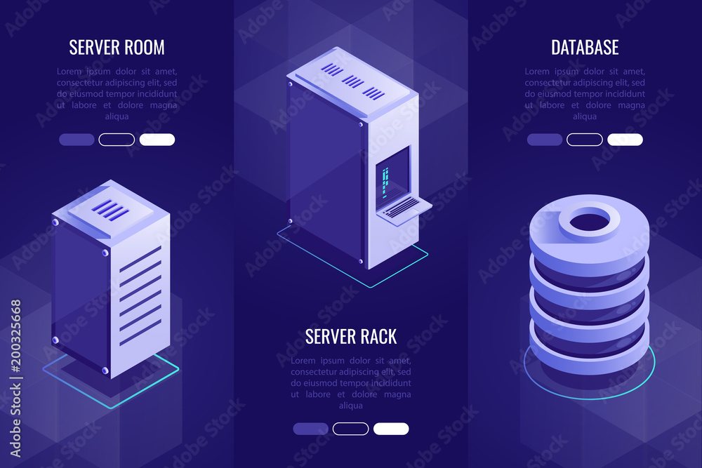 Poster set of 3 headers with server equipment.server room,server rack and database.isometric style