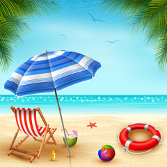 Obraz premium It's summer time banner with chair striped, umbrella, and lifebuoy on a sunny summer background