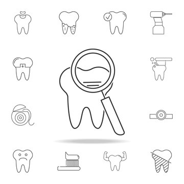 icon magnifier and tooth. Detailed set of dental outline line icons. Premium quality graphic design icon. One of the collection icons for websites, web design, mobile app